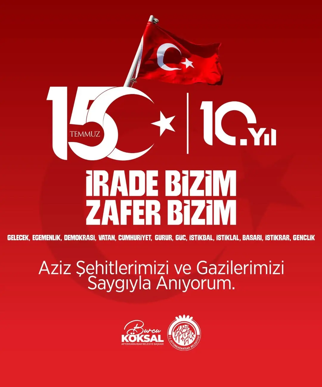 Afyonkarahisar Belediye Başkanı Burcu Köksal'dan 15 Temmuz Demokrasi ve Milli Birlik Günü Mesajı