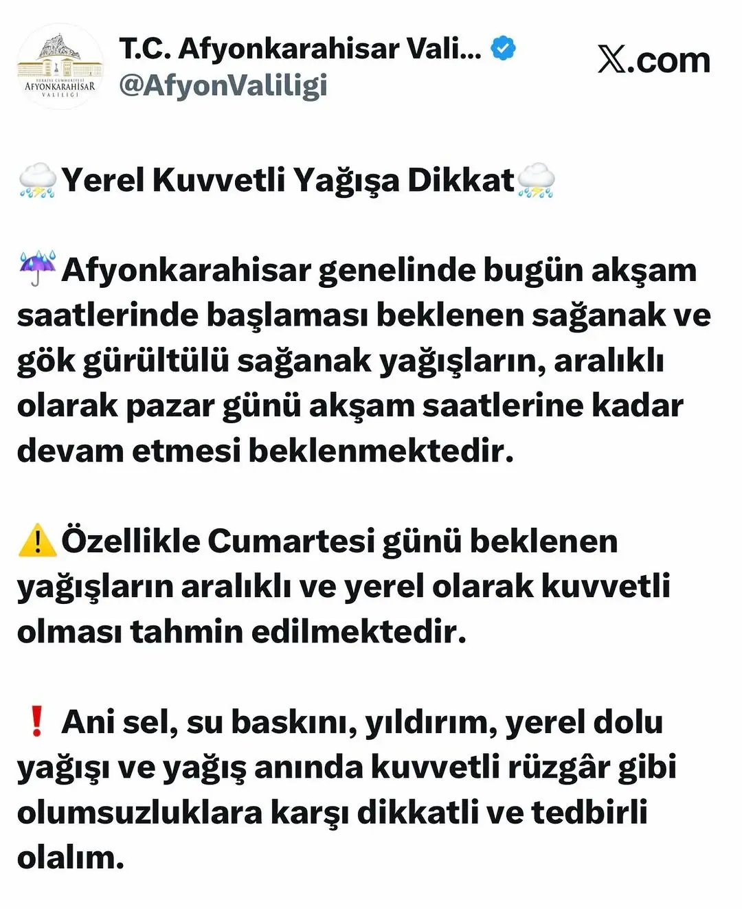Afyonkarahisar'da Yerel Kuvvetli Yağış Uyarısı