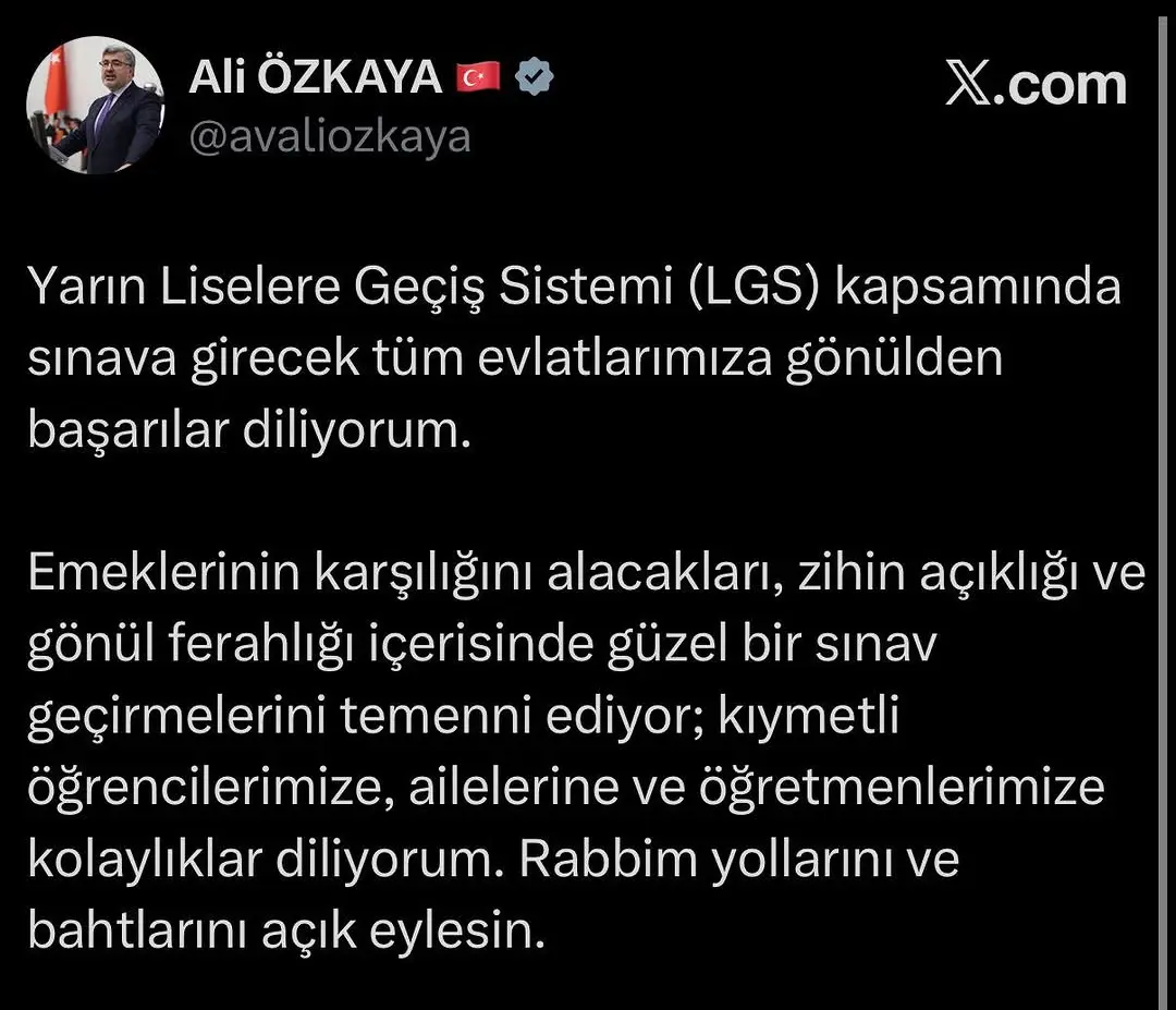 Ak Parti Afyonkarahisar Milletvekili Ali Özkaya'dan LGS Sınavı Öncesi Başarı Dileği