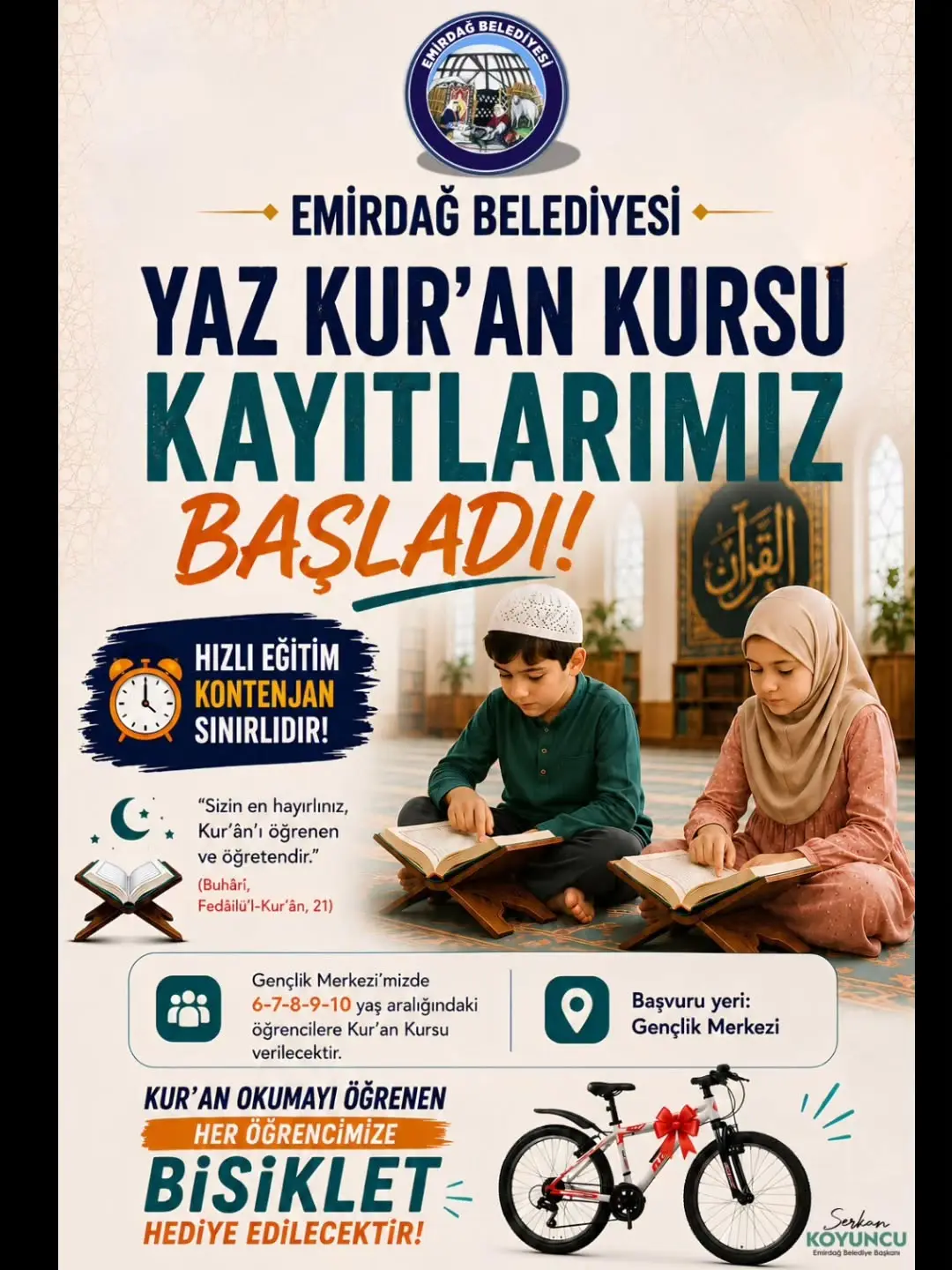 Emirdağ Belediyesi Gençlik Merkezi Yaz Kur'an Kursu Başlıyor