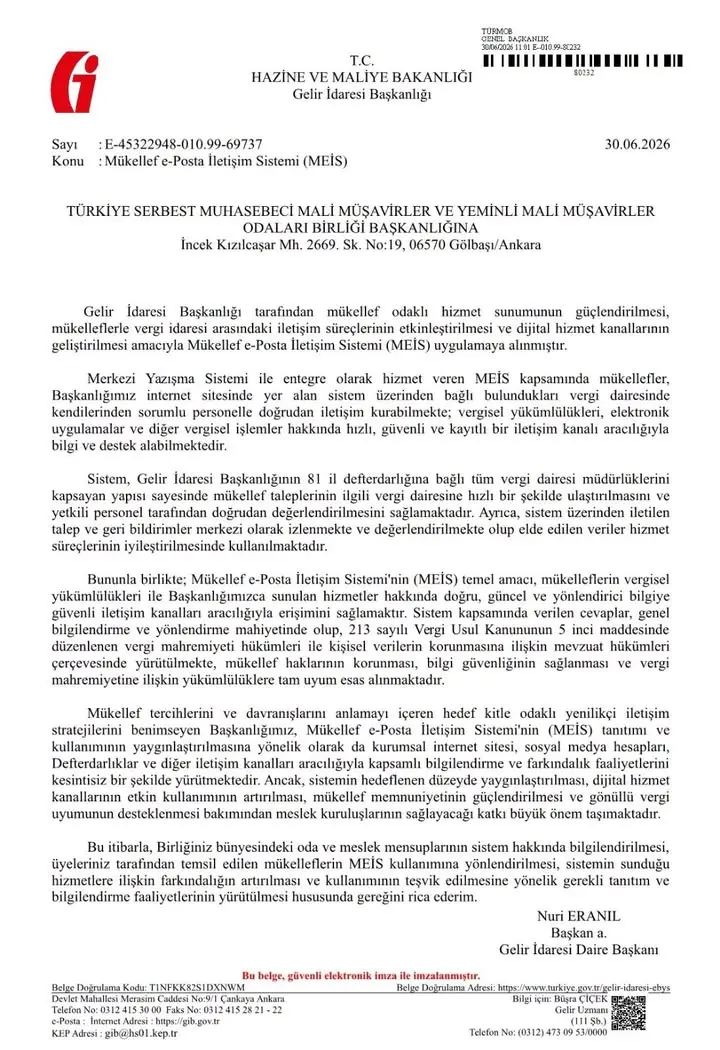 Gelir İdaresi Başkanlığı Tarafından Mükellef e-Posta İletişim Sistemi (MEİS) Kuruldu