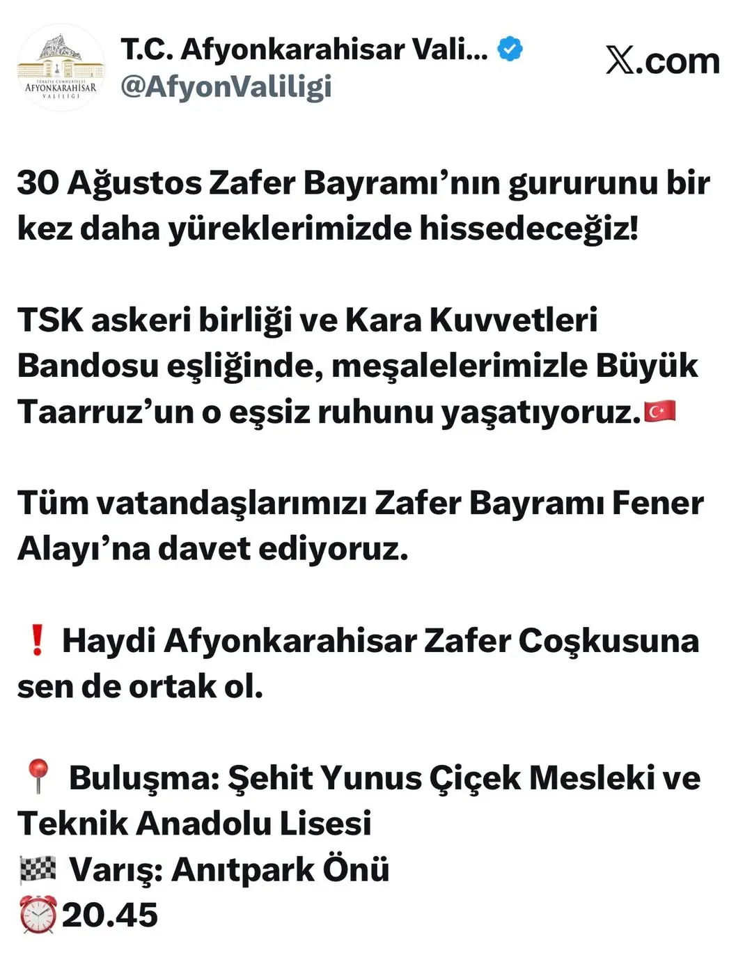 30 Ağustos Zafer Bayramı Fener Alayı'nda Buluşuyoruz!