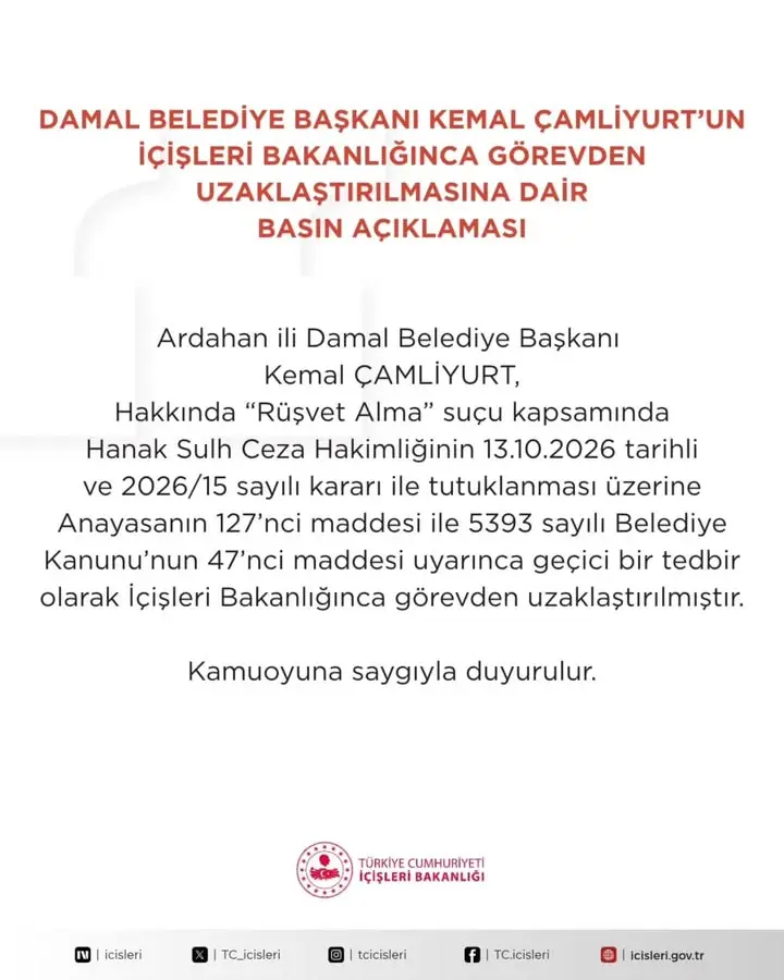 Damal Belediye Başkanı Kemal Çamliyurt'un İçişleri Bakanlığınca Görevden Uzaklaştırılmasına İlişkin Açıklama