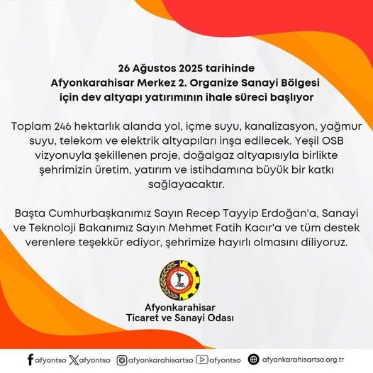 Afyonkarahisar 2. OSB'ye Büyük Altyapı Yatırımı: İhale Tarihi Belli Oldu