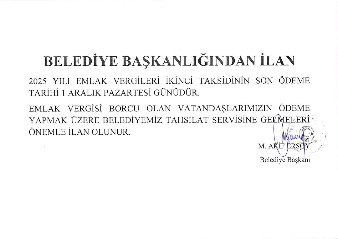 2025 Yılı Emlak Vergisi Ödeme Hatırlatması