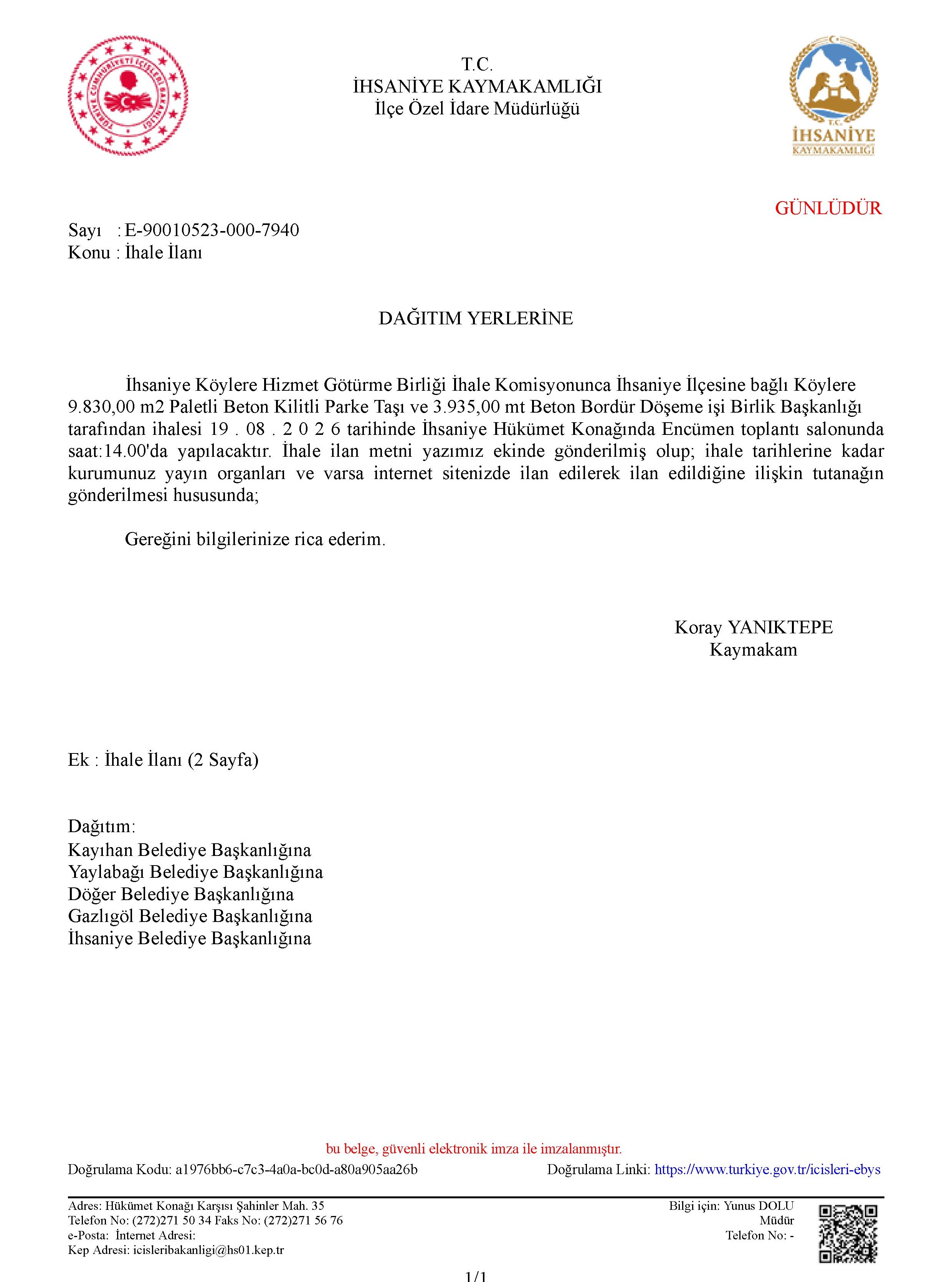 İhsaniye'de İhale Duyurusu Yapıldı