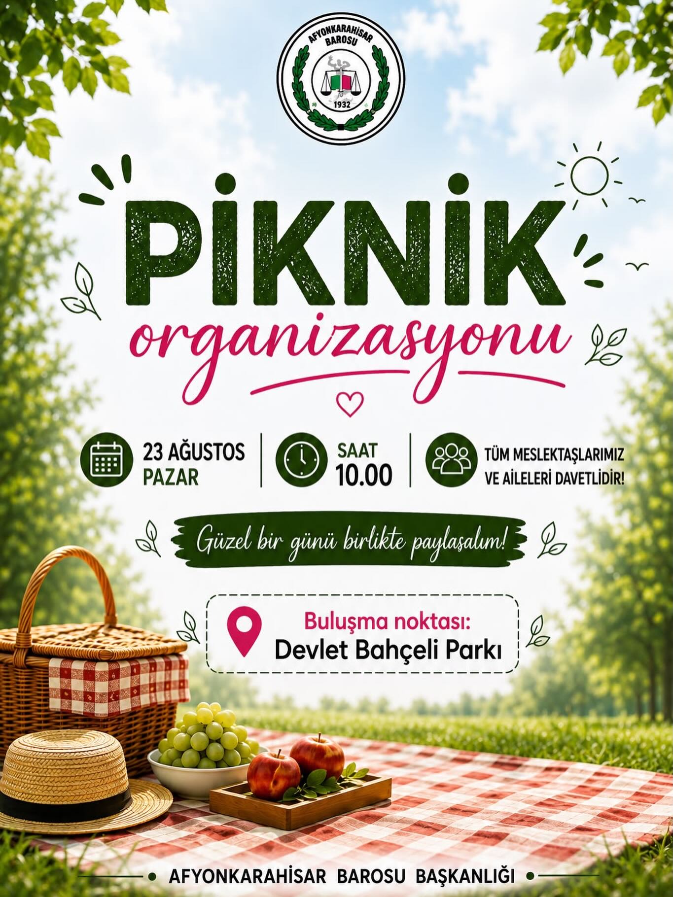 Afyonkarahisar Barosu piknik organizasyonu düzenliyor