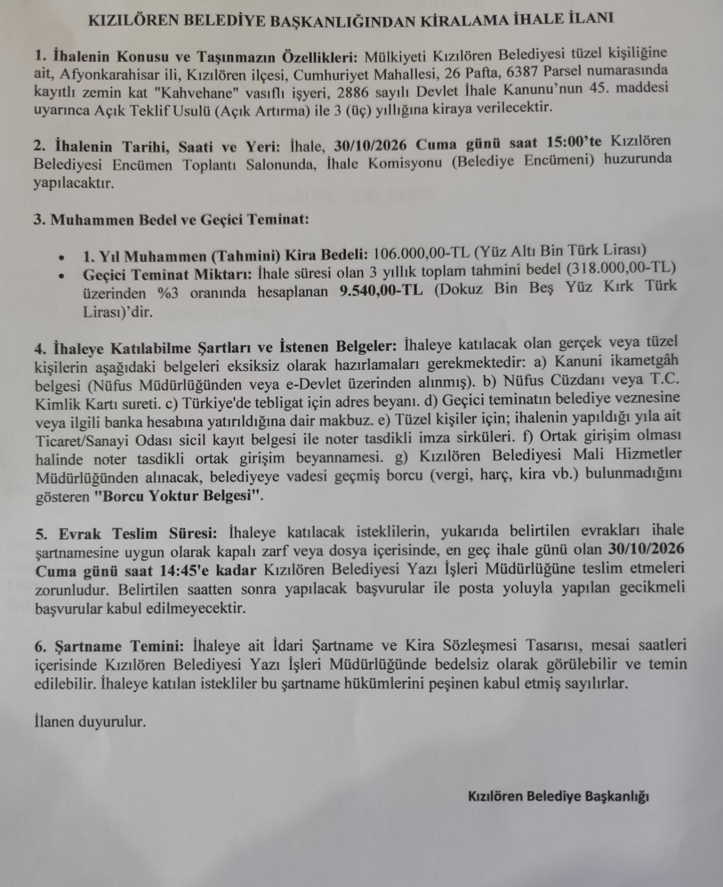 Kızılören Belediyesi'nden İhale Duyurusu
