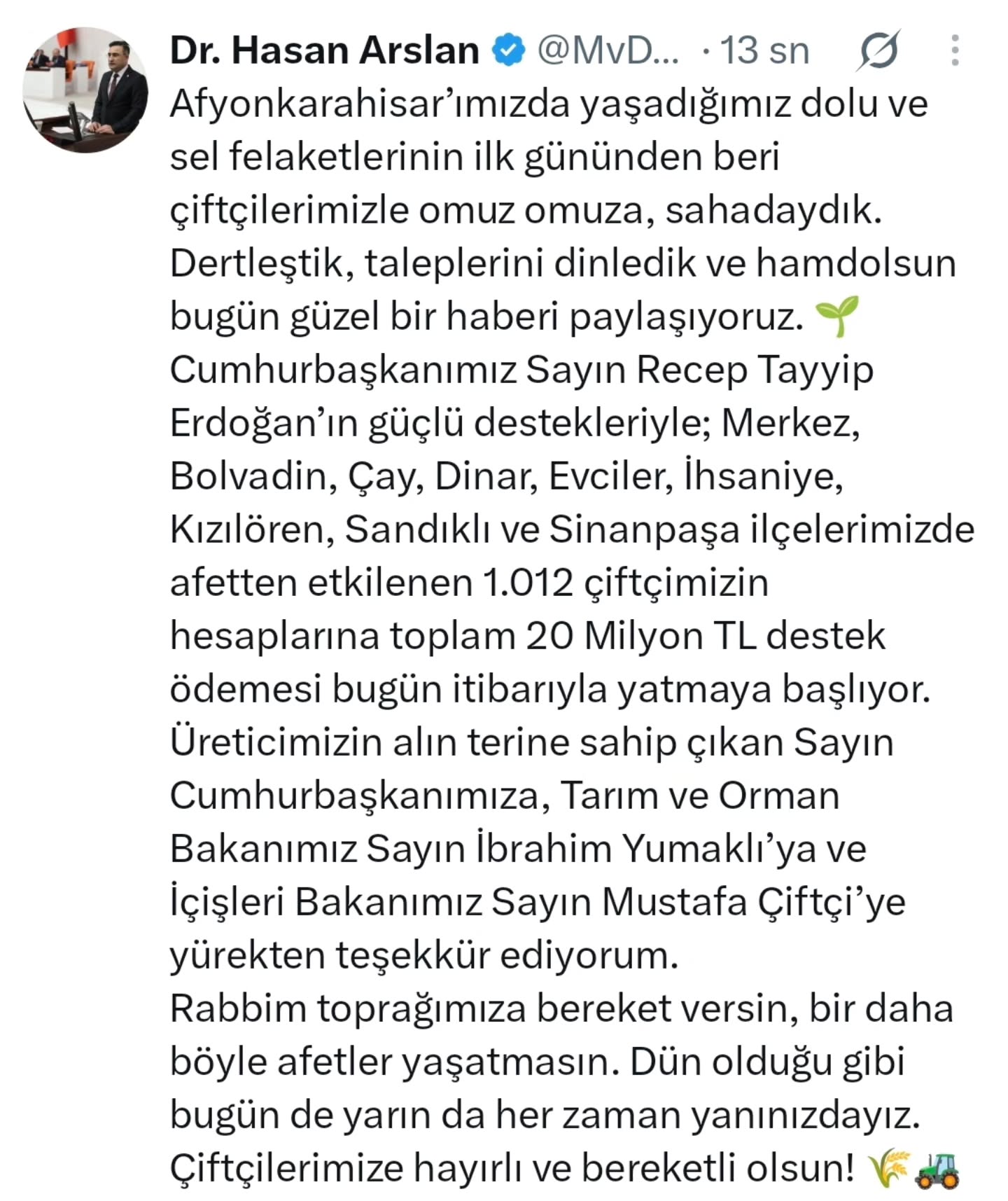 Afyonkarahisar'daki çiftçilere 20 milyon TL destek