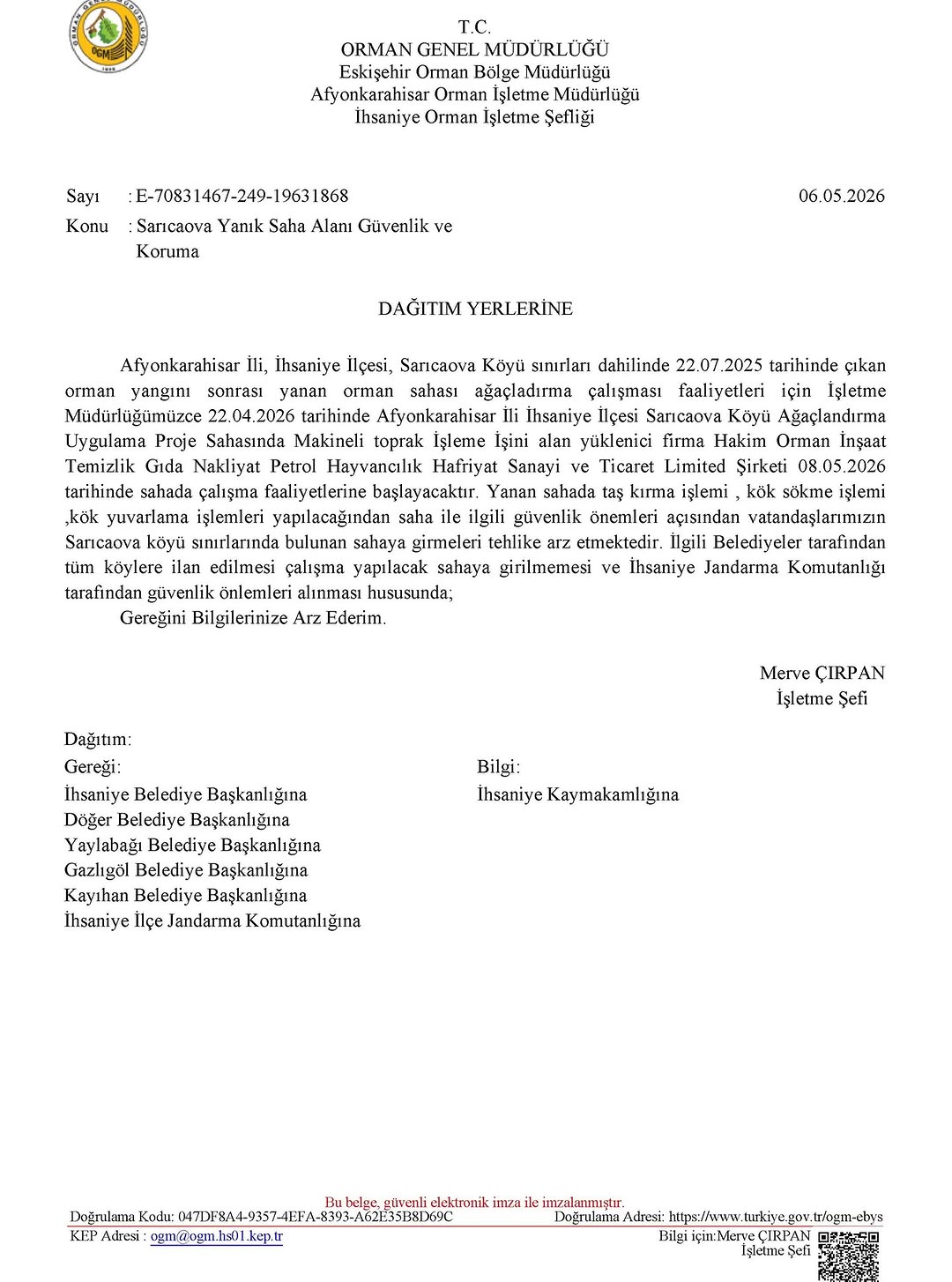 Afyonkarahisar İhsaniye'de Orman Yangını Sonrası Ağaçlandırma Çalışmaları Başlıyor