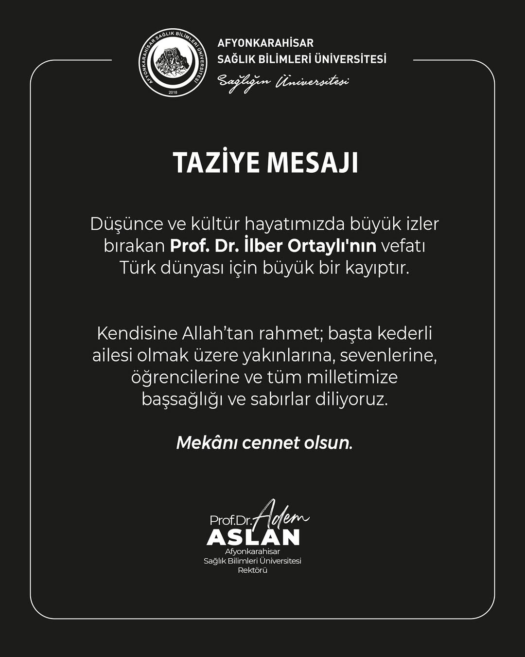 Afyonkarahisar Sağlık Bilimleri Üniversitesi AFSÜ'den Taziye Mesajı