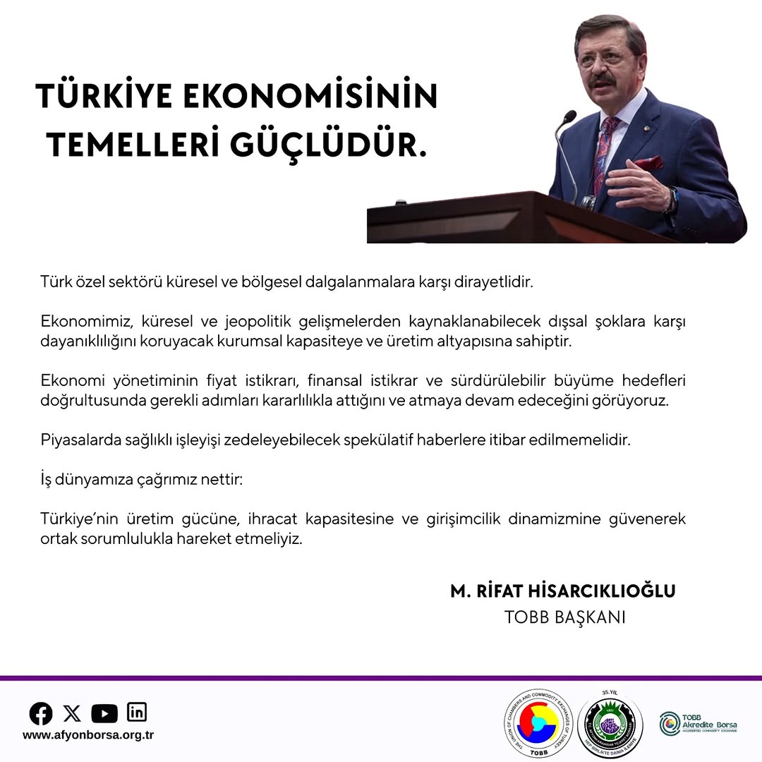 Afyonkarahisar Ticaret Borsası: Türkiye Ekonomisinin Temelleri Güçlüdür