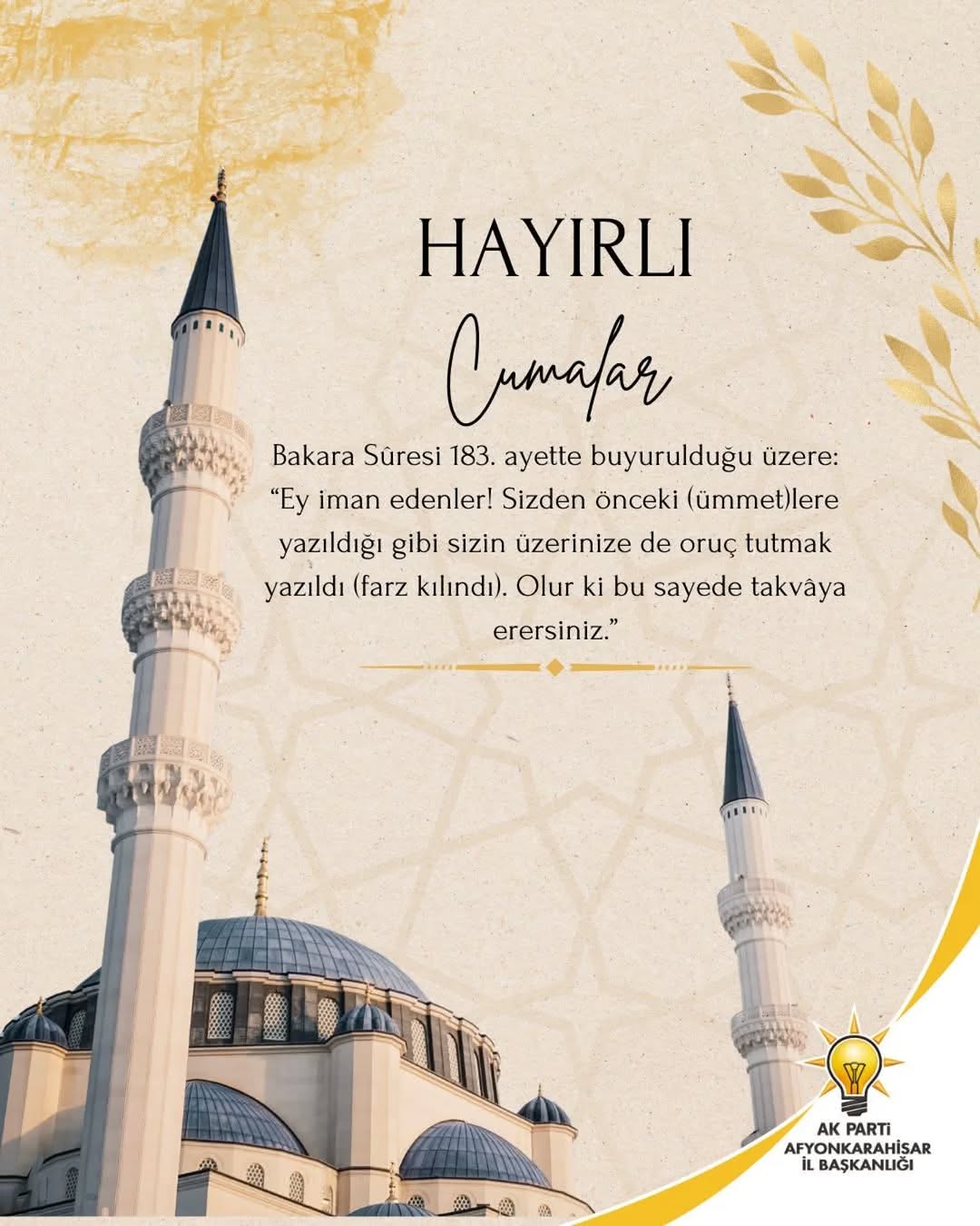 AK Parti Afyonkarahisar İl Başkanlığı'ndan Mübarek Cuma Mesajı