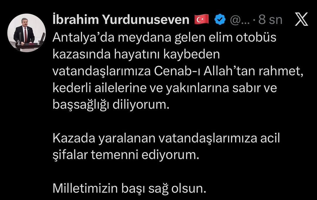 Antalya'da Otobüs Kazasında Hayatını Kaybedenler İçin Başsağlığı Mesajı
