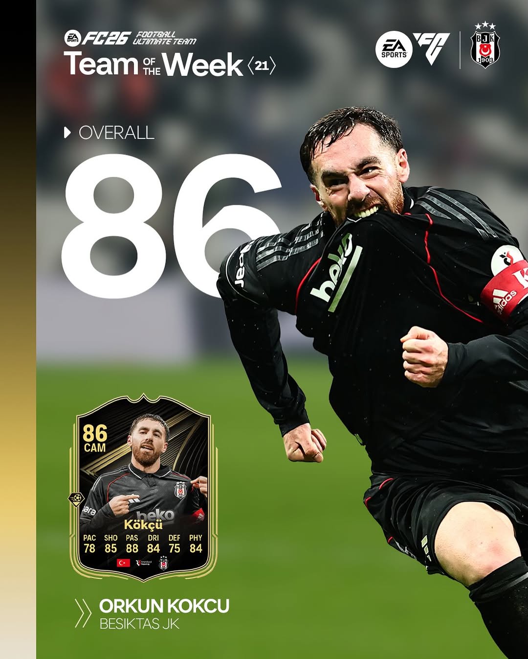 Beşiktaş'ın Kaptanı Orkun Kökçü, FC26 Ultimate Team 21. Haftanın Takımında Yer Aldı