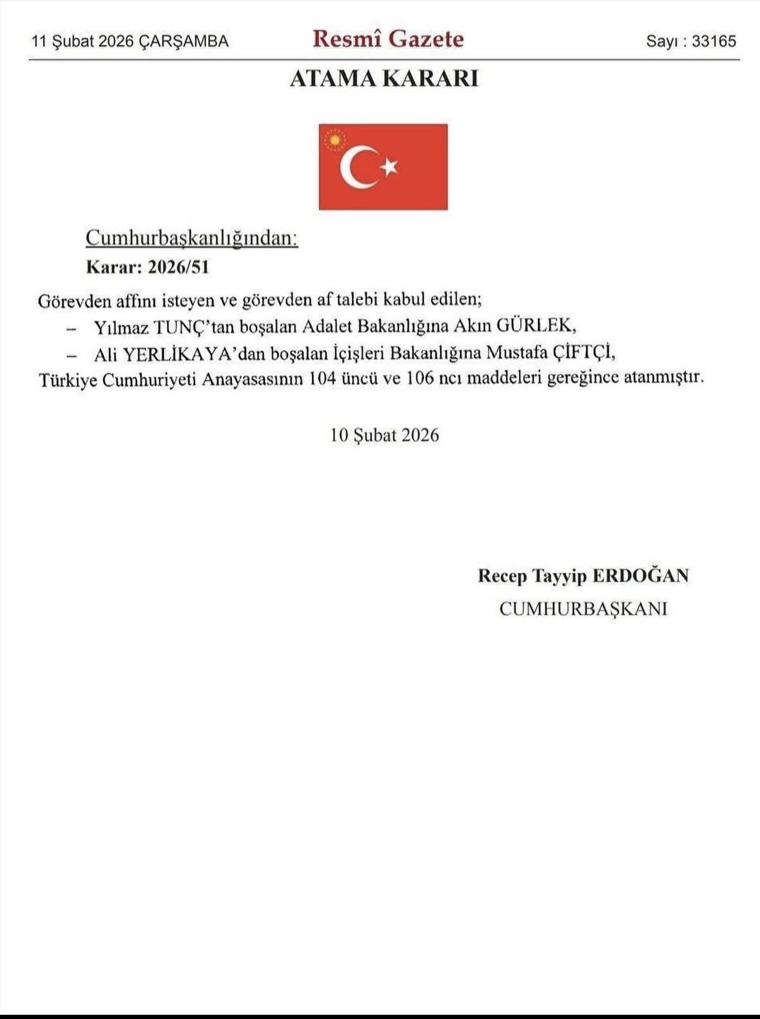 Cumhurbaşkanı Erdoğan'ın Tensipleriyle İçişleri ve Adalet Bakanları Atandı