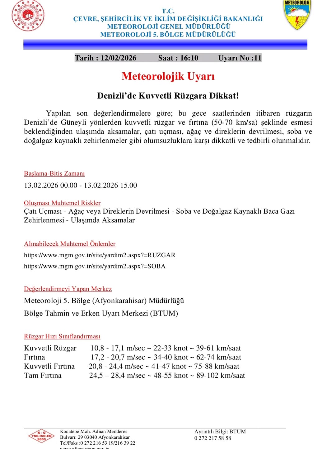 Denizli'de Kuvvetli Rüzgara Dikkat! Meteorolojik Uyarı