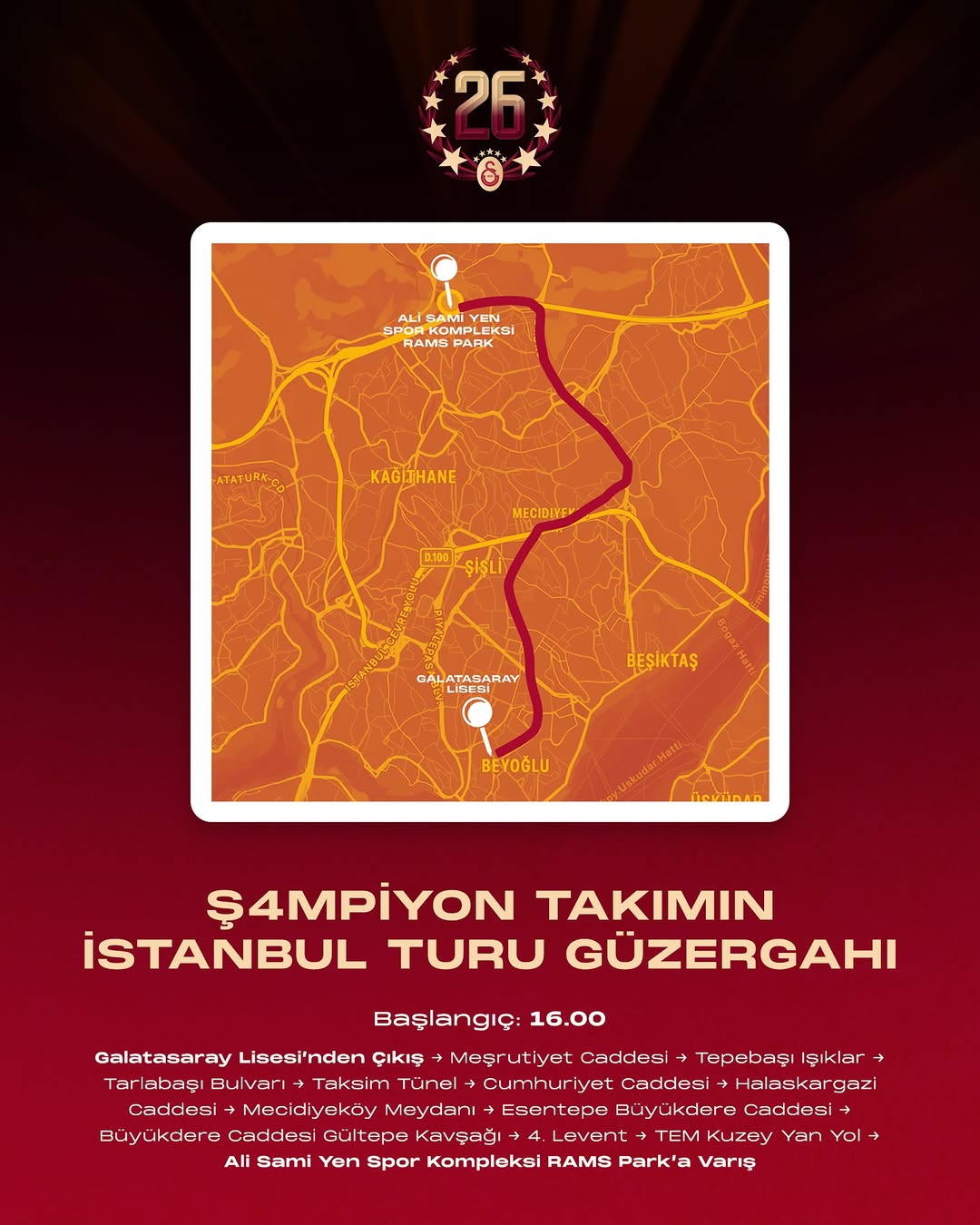 Galatasaray Şampiyon Takımının İstanbul Turu Güzergahı Açıklandı