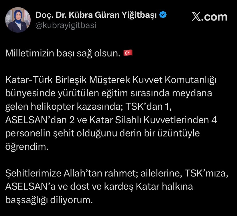 İçişleri Bakan Yardımcısı Kübra Güran Yiğitbaşı'ndan Başsağlığı Mesajı