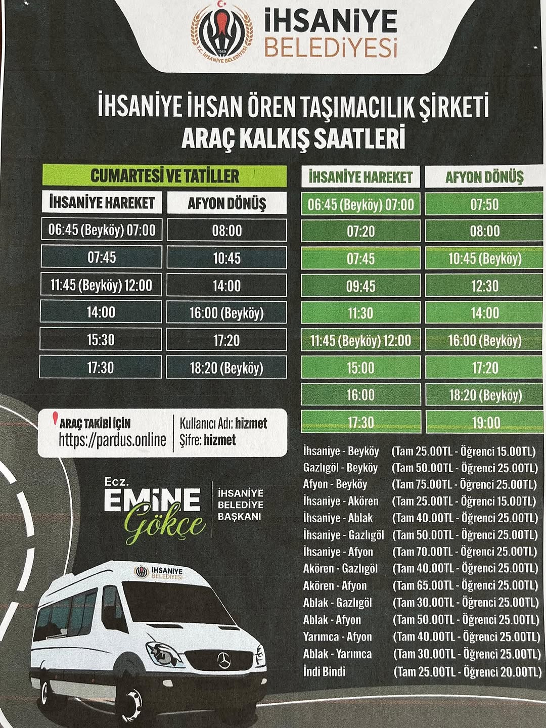 İhsaniye İhsan Ören Taşımacılık Şirketi Yeni Tarife Fiyatları ve Saatleri