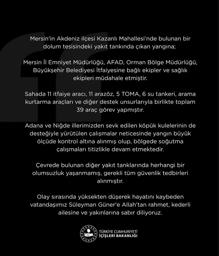 Mersin Kazanlı Mahallesi'nde Yakıt Tankı Yangını