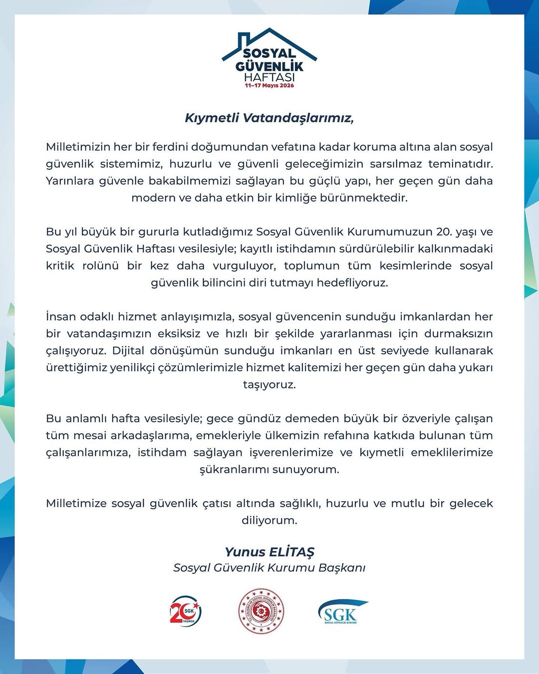Sosyal Güvenlik Haftası Mesajı - SGK Başkanı Yunus Elitaş'tan